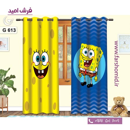 یک جفت پنل پرده پانچی دوخت شده و آماده نصب طرح باب اسفنجی کد 613