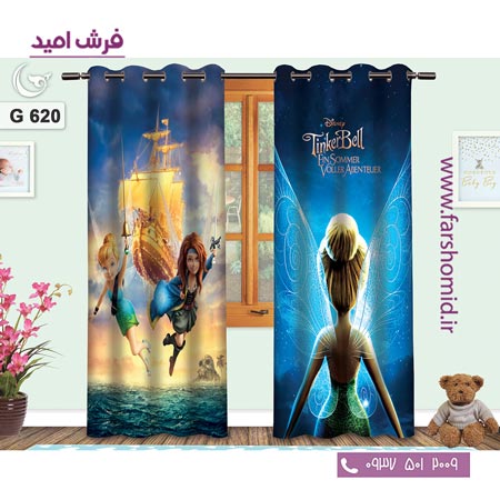 یک جفت پنل پرده پانچی دوخت شده و آماده نصب طرح تینکربل کد 620