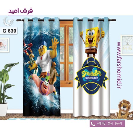 یک جفت پنل پرده پانچی دوخت شده و آماده نصب طرح باب اسفنجی کد 6۳۰