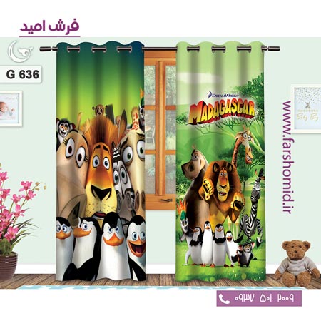یک جفت پنل پرده پانچی دوخت شده و آماده نصب طرح ماداگاسکار کد 6۳۶