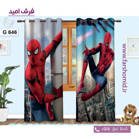 یک جفت پنل پرده پانچی دوخت شده و آماده نصب طرح اسپایدرمن کد 646