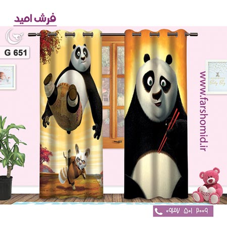 یک جفت پنل پرده پانچی دوخت شده و آماده نصب طرح پاندای کونگ فو کار کد 651