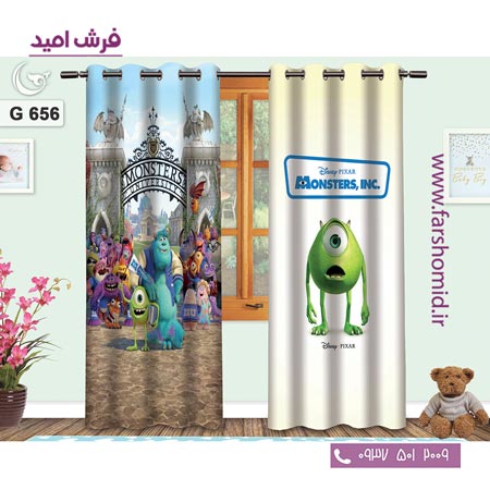 یک جفت پنل پرده پانچی دوخت شده و آماده نصب طرح کارخانه ی هیولا ها کد 656