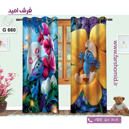 یک جفت پنل پرده پانچی دوخت شده و آماده نصب طرح اسمورف ها کد 660