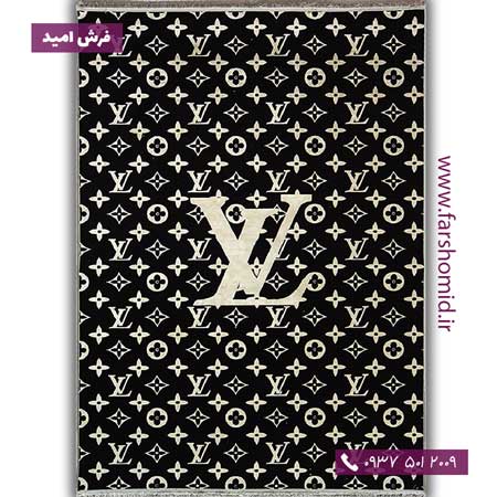 فرش ماشینی با الیاف طبیعی بامبو 1200 شانه مدرن طرح لویی ویتون کد D99 مشکی فرش اکسیر
