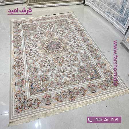 فرش ماشینی 1200 شانه گلبرجسته صدف نقره ای فرش ملل