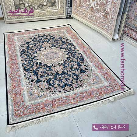 فرش ماشینی 1200 شانه گلبرجسته صدف سرمه ای فرش ملل