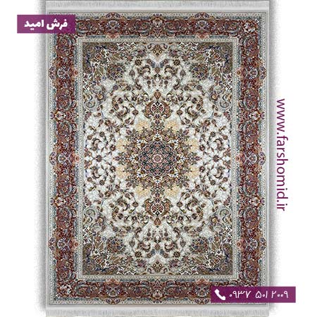 فرش ماشینی 1200 شانه گلبرجسته صدف نقره ای حاشیه پیازی فرش ملل