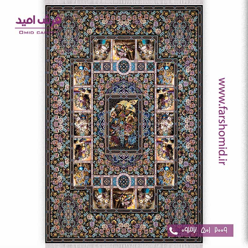 فرش ماشینی 1000 شانه 10 رنگ خشتی باغ ارم سرمه ای فرش سورنا