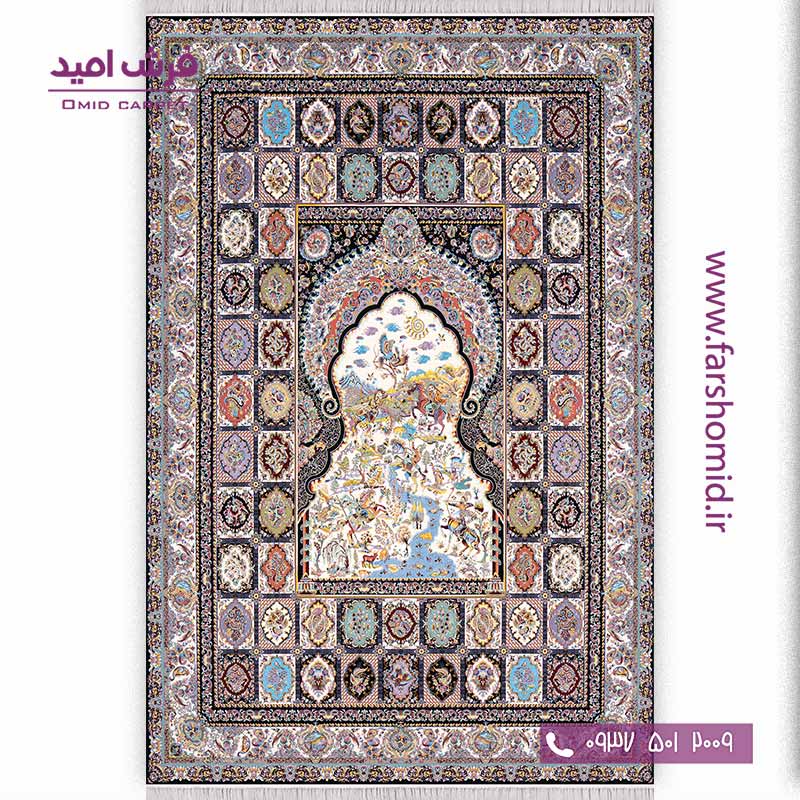 فرش ماشینی 1000 شانه 10 رنگ خشتی شکارگاه سرمه ای فرش سورنا