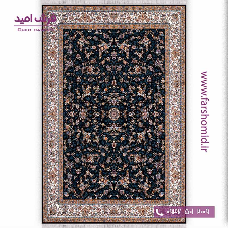 فرش ماشینی 1000 شانه 10 رنگ گل افشان گل بهار سرمه ای فرش سورنا