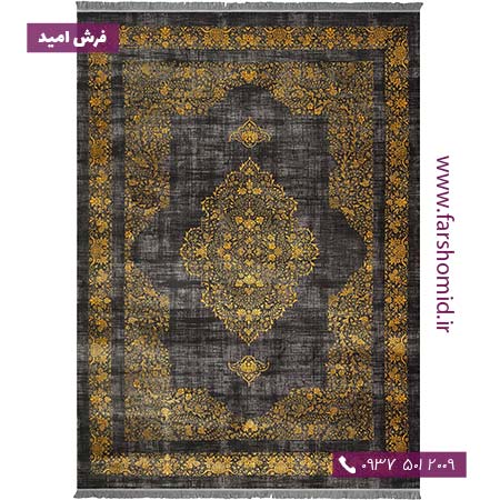فرش وینتیج 700 شانه 6متری کد 70022t زغالی طلایی فرش سیزان