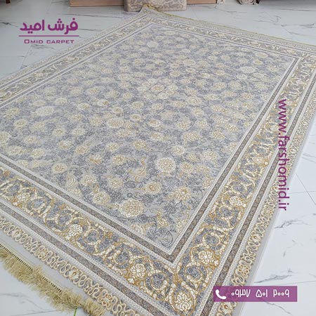 فرش ماشینی 1200 شانه 8 رنگ کد 305 افشان طوسی طلایی کلکسیون رویال شاهکار آریایی