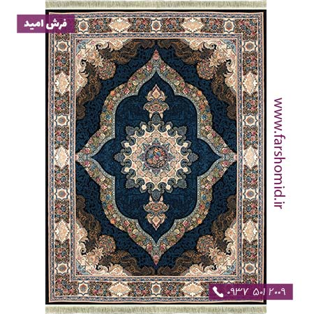 فرش ماشینی 700 شانه 8 رنگ لچک ترنج طرح 77918 سرمه ای فرش بزرگمهر