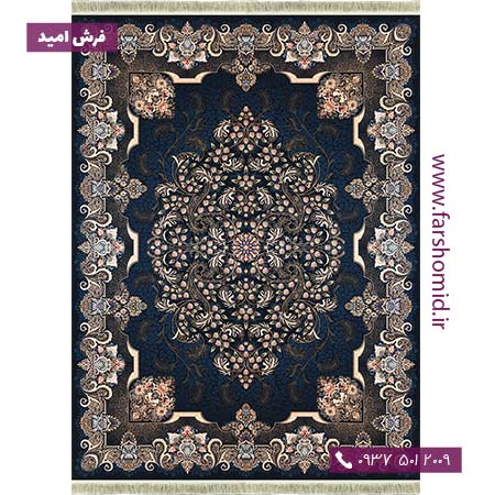 فرش ماشینی 700 شانه 8 رنگ لچک ترنج طرح 77919 سرمه ای فرش بزرگمهر