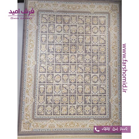 فرش ماشینی 1200 شانه 8 رنگ کد 350 خشتی طوسی طلایی کلکسیون رویال شاهکار آریایی