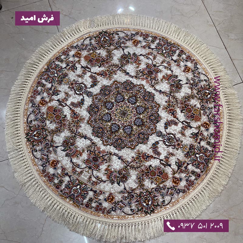 فرش ماشینی دایره 1200 شانه طرح جواهر نقره ای فرش ملل
