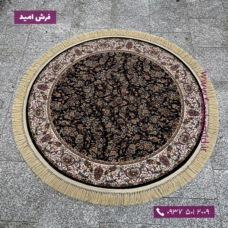 فرش ماشینی دایره 1200 شانه 10 رنگ گل فرنگ سرمه ای فرش محتشم (هدیه)