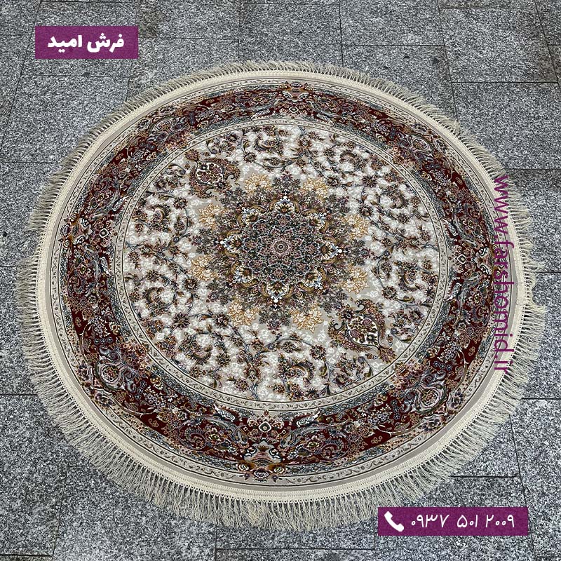 فرش ماشینی دایره 1200 شانه طرح صدف نقره ای حاشیه پیازی فرش ملل