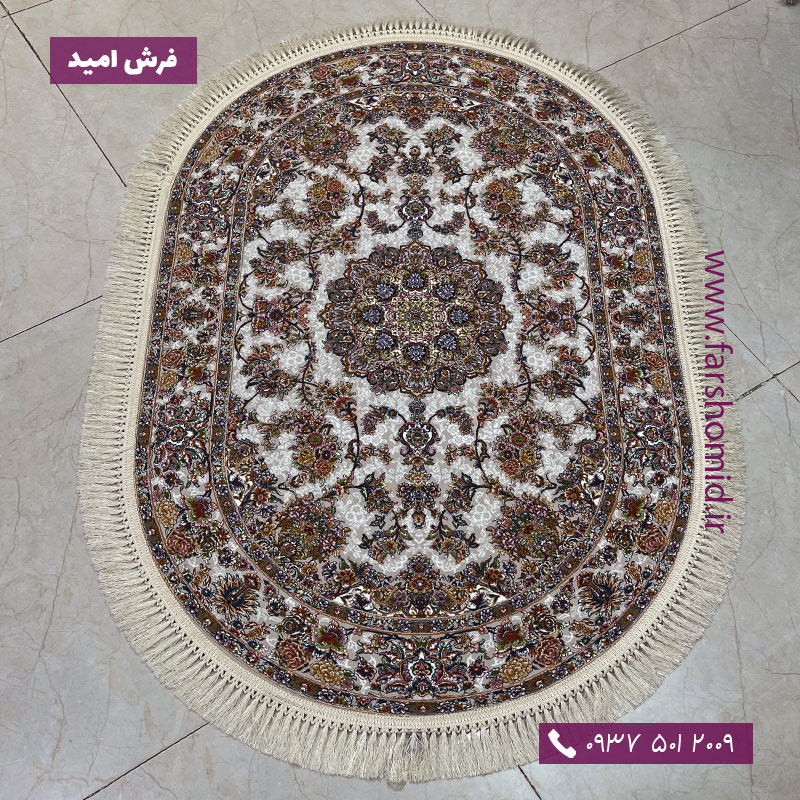 فرش ماشینی بیضی 1200 شانه طرح جواهر نقره ای فرش ملل