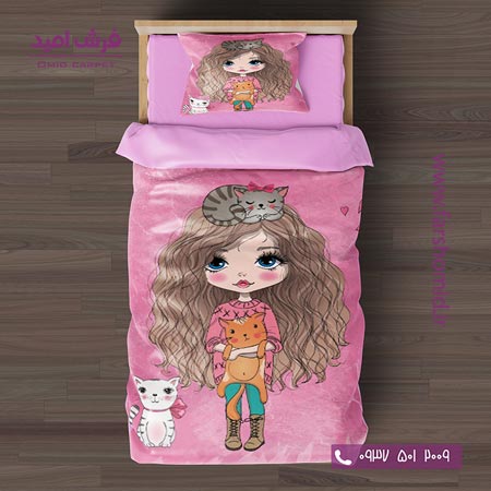 سرویس لحاف روتختی 6 تکه یک نفره اولدوز طرح دختر و گربه صورتی کد 101211