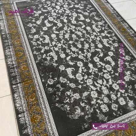 فرش ماشینی 1200 شانه گلبرجسته کد 1015 مشکی طلایی کلکسیون دیار فرش ملل