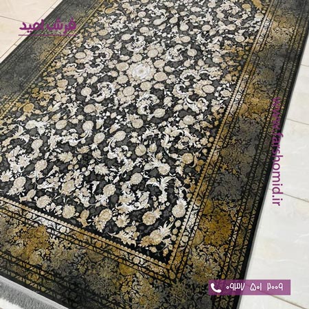 فرش ماشینی 1200 شانه گلبرجسته کد 1020 مشکی طلایی کلکسیون دیار فرش ملل