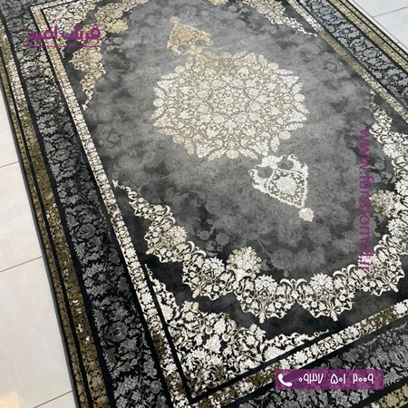 فرش ماشینی 1200 شانه گلبرجسته کد 1030 مشکی طلایی کلکسیون دیار فرش ملل