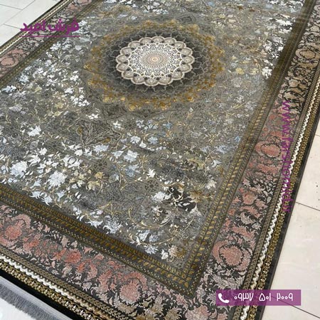 فرش ماشینی 1200 شانه گلبرجسته کد 1035 مشکی طلایی کلکسیون دیار فرش ملل