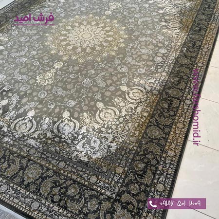 فرش ماشینی 1200 شانه گلبرجسته کد 1050 مشکی طلایی کلکسیون دیار فرش ملل
