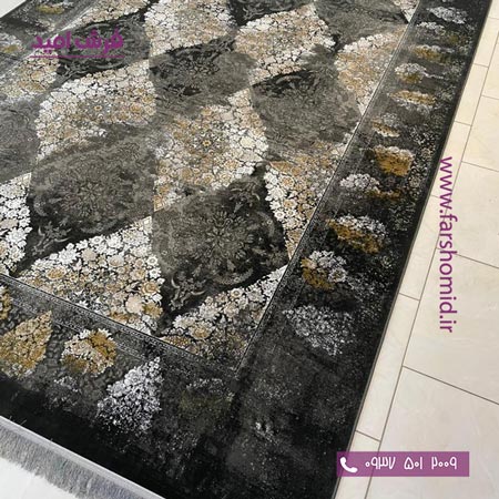 فرش ماشینی 1200 شانه گلبرجسته کد 1055 مشکی طلایی کلکسیون دیار فرش ملل