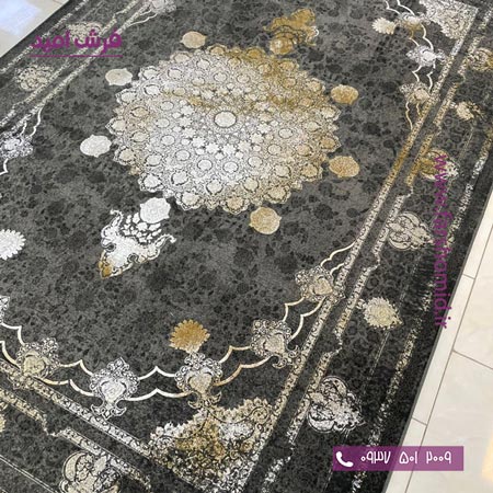 فرش ماشینی 1200 شانه گلبرجسته کد 1065 مشکی طلایی کلکسیون دیار فرش ملل