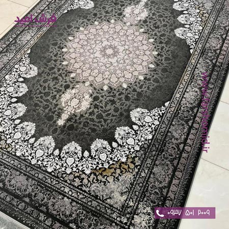 فرش ماشینی 1200 شانه گلبرجسته کد 1075 مشکی طلایی کلکسیون دیار فرش ملل