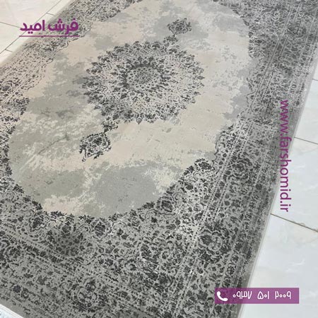 فرش ماشینی 1200 شانه گلبرجسته کد 1070 مشکی طوسی کلکسیون دیار فرش ملل