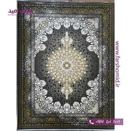 فرش ماشینی 1200 شانه گلبرجسته کد 1076 مشکی طلایی کلکسیون دیار فرش ملل