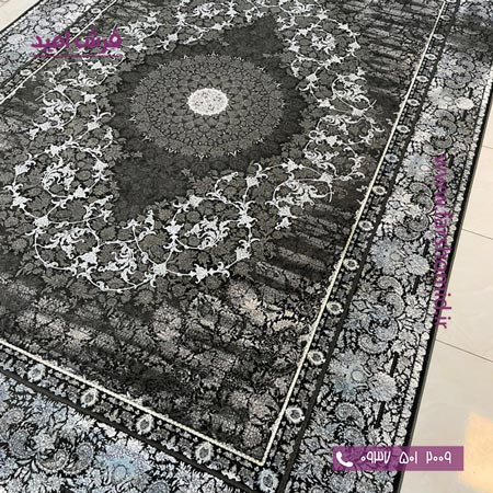 فرش ماشینی 1200 شانه گلبرجسته کد 2050 مشکی طلایی کلکسیون دیار فرش ملل
