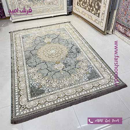 فرش ماشینی 1200 شانه گلبرجسته کد 2086 مشکی طلایی کلکسیون دیار فرش ملل