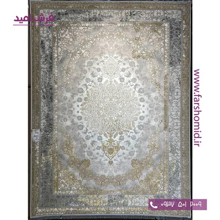 فرش ماشینی 1200 شانه گلبرجسته کد 3235 طوسی طلایی کلکسیون دیار فرش ملل