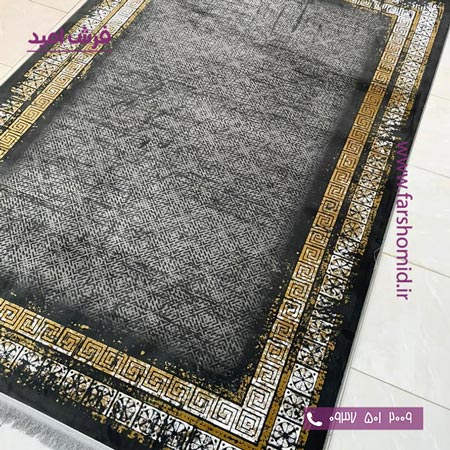 فرش ماشینی 1200 شانه گلبرجسته کد 2090 مشکی طلایی کلکسیون دیار فرش ملل
