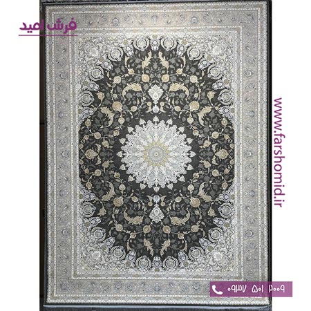 فرش ماشینی 1200 شانه گلبرجسته پرتو دودی (مشکی طلایی ) کلکسیون دیار فرش ملل