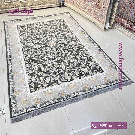 فرش ماشینی 1200 شانه گلبرجسته روژان دودی (مشکی طلایی ) کلکسیون دیار فرش ملل