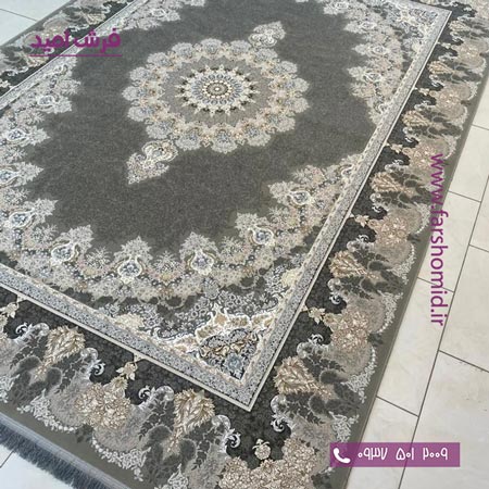 فرش ماشینی 1200 شانه گلبرجسته سیروان فیلی ( طوسی طلایی ) کلکسیون دیار فرش ملل