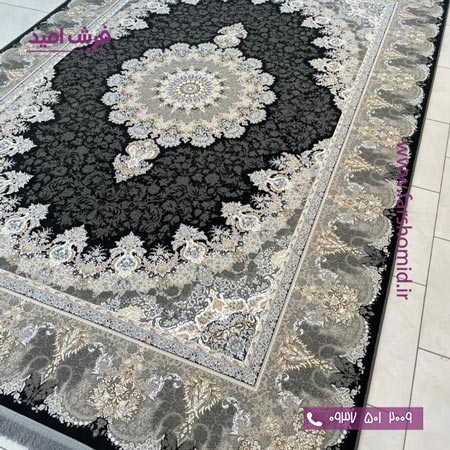 فرش ماشینی 1200 شانه گلبرجسته سیروان زغالی ( مشکی طلایی ) کلکسیون دیار فرش ملل