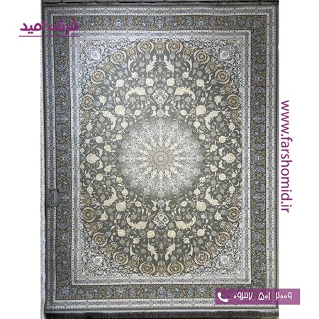 فرش ماشینی 1200 شانه گلبرجسته پرتو فیلی ( طوسی طلایی ) کلکسیون دیار فرش ملل
