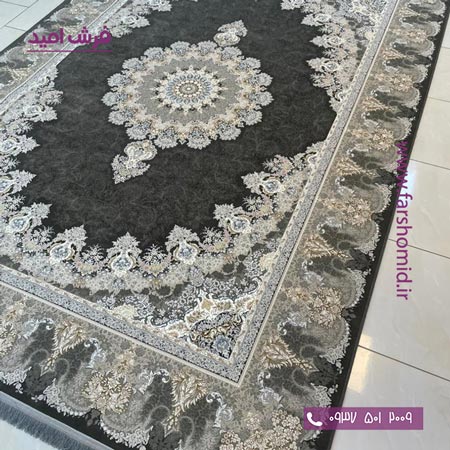 فرش ماشینی 1200 شانه گلبرجسته سیروان دودی ( مشکی طلایی ) کلکسیون دیار فرش ملل