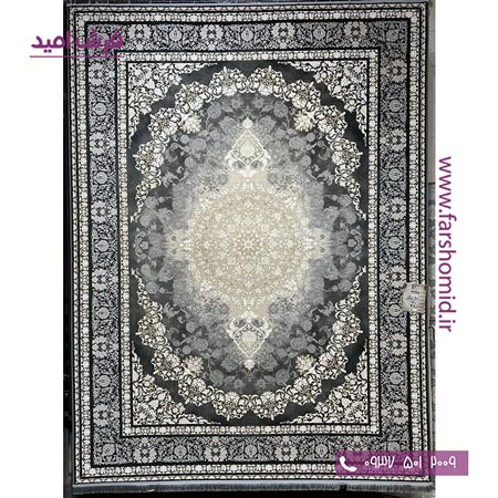 فرش ماشینی 1200 شانه گلبرجسته کد 3245 مشکی طلایی کلکسیون دیار فرش ملل