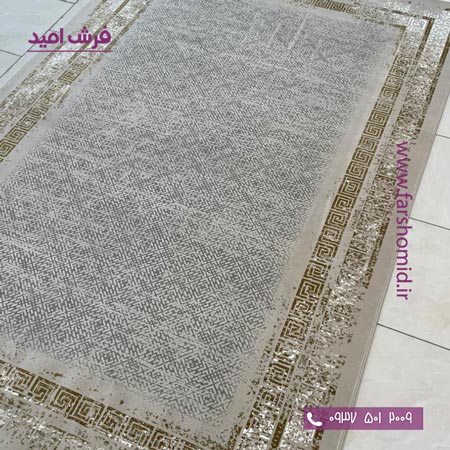 فرش ماشینی 1200 شانه گلبرجسته کد 2095 طوسی طلایی کلکسیون دیار فرش ملل