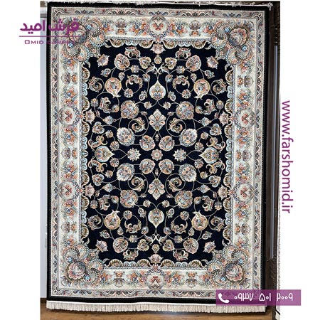 فرش ماشینی 700 شانه 10 رنگ اصل کرانه افشان سرمه ای قالی کشمیر
