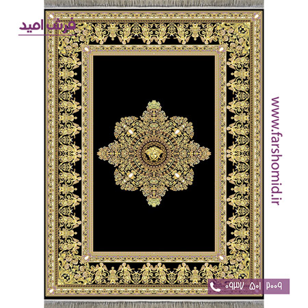 فرش ماشینی 1200 شانه 8 رنگ ورساچه مشکی طلایی کف ساده فرش سورنا