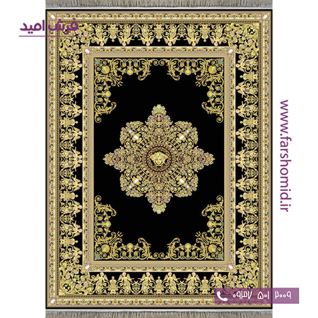 فرش ماشینی 1200 شانه 8 رنگ ورساچه مشکی طلایی کف ساده لچک دار فرش سورنا